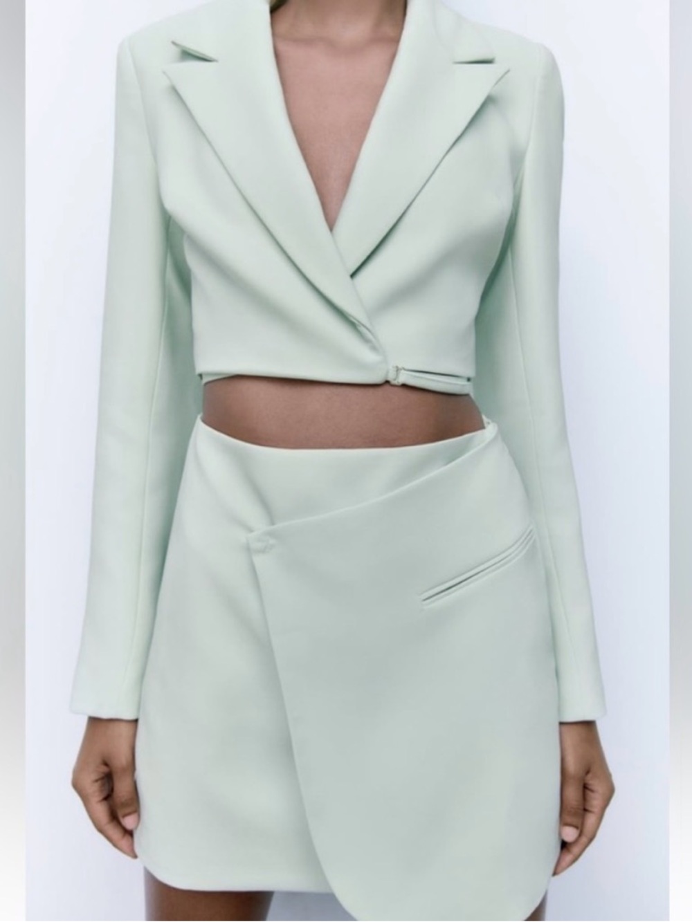 Zara Mint Green Cropped Blazer and Wrap Skirt Dress